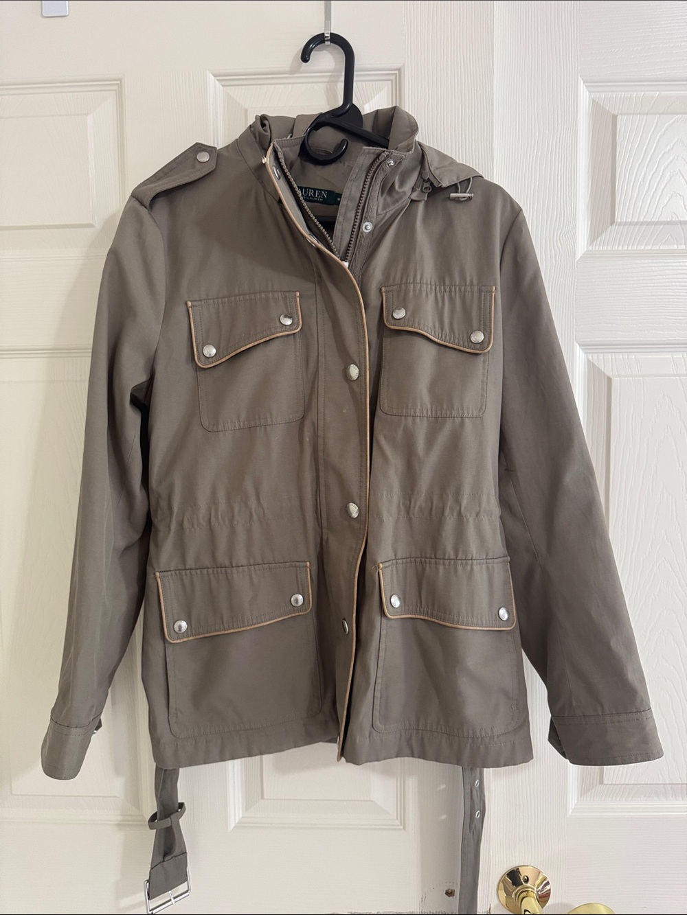 Ralph Lauren Olive green/Taupe Utility short trench co with Hood and belt, SizeM